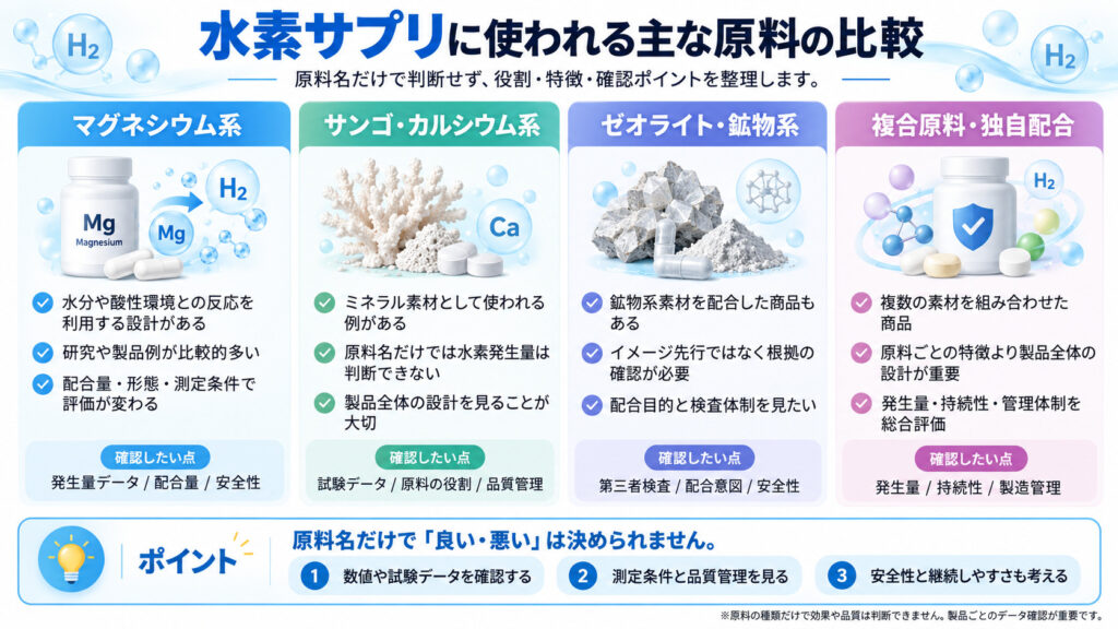 水素サプリに使われる水素発生基剤の原料比較